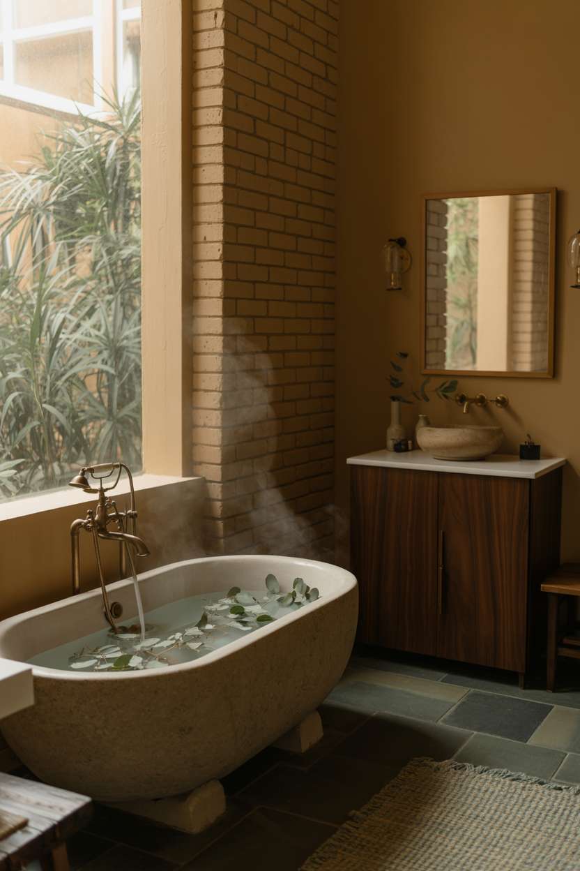 23 Stunning Earthy Bathroom Ideas to Create Natural Calm 11 Stone bathtub with eucalyptus leaves, exposed brick walls painted warm beige, dark walnut vanity with ceramic sink