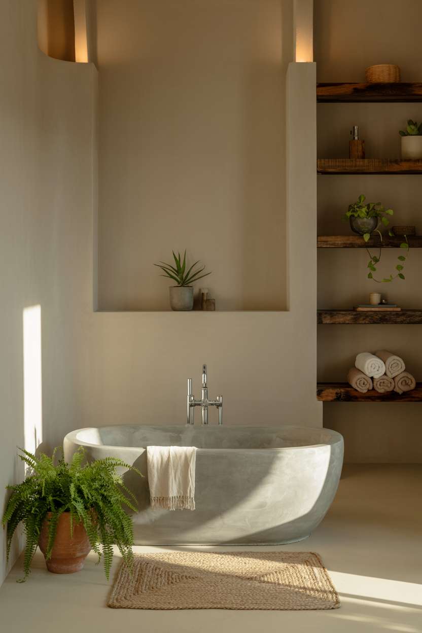 23 Stunning Earthy Bathroom Ideas to Create Natural Calm 12 Light grey concrete freestanding soaking tub with cascading fern, beige walls, reclaimed wood shelving with towels and plants