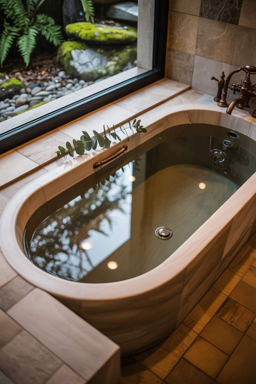 23 Stunning Earthy Bathroom Ideas to Create Natural Calm 13 Warm-toned wood freestanding soaking tub filled with steaming water, natural stone tiles, garden window view