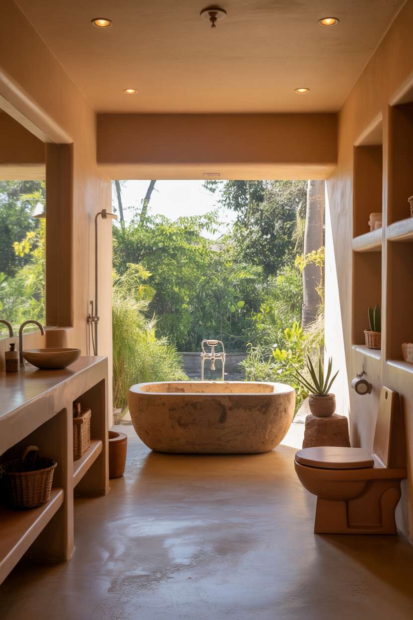 23 Stunning Earthy Bathroom Ideas to Create Natural Calm 14 Stone bathtub near garden window, raw wood shelving, ceramic sink, minimalist toilet in beige and terracotta tones