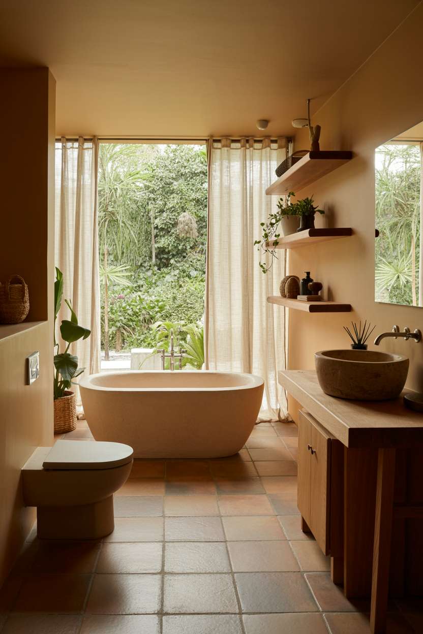 23 Stunning Earthy Bathroom Ideas to Create Natural Calm 15 Oval soaking tub near garden window, wooden vanity with stone sink, natural wood shelving, large format terracotta floor tiles