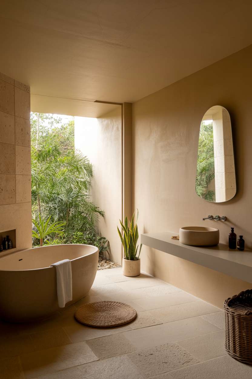 23 Stunning Earthy Bathroom Ideas to Create Natural Calm 16 Oval soaking tub with wicker mat, floating vanity with round mirror, textured limestone tiles on floor and walls