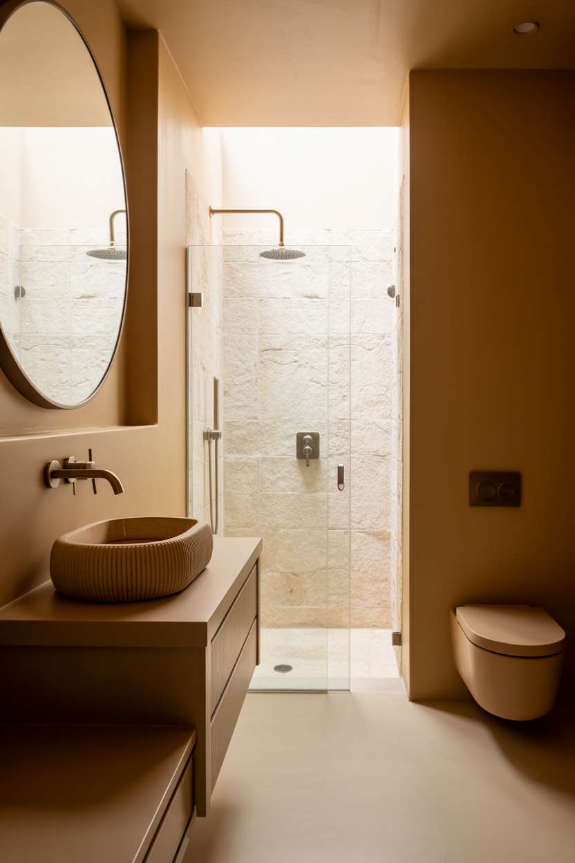 23 Stunning Earthy Bathroom Ideas to Create Natural Calm 17 Floating vanity with textured ceramic sink, circular mirror with integrated LED lighting, frameless glass shower enclosure