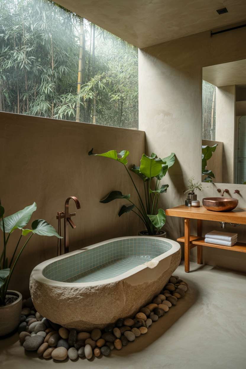 23 Stunning Earthy Bathroom Ideas to Create Natural Calm 18 Stone bathtub with grey-blue tiles, wooden vanity with copper sink, large window overlooking bamboo forest