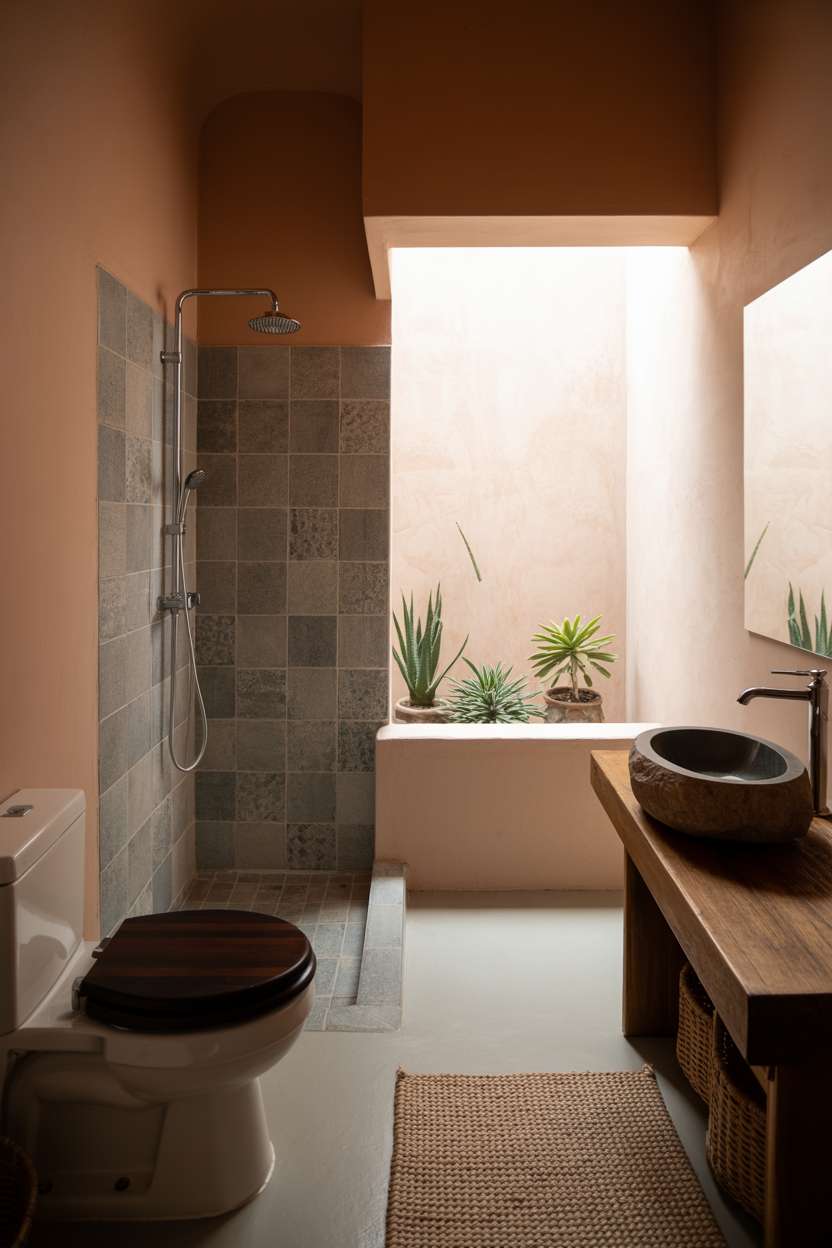 23 Stunning Earthy Bathroom Ideas to Create Natural Calm 19 Modern toilet with dark wood seat, walk-in shower with textured grey tiles, circular stone sink on reclaimed wood vanity