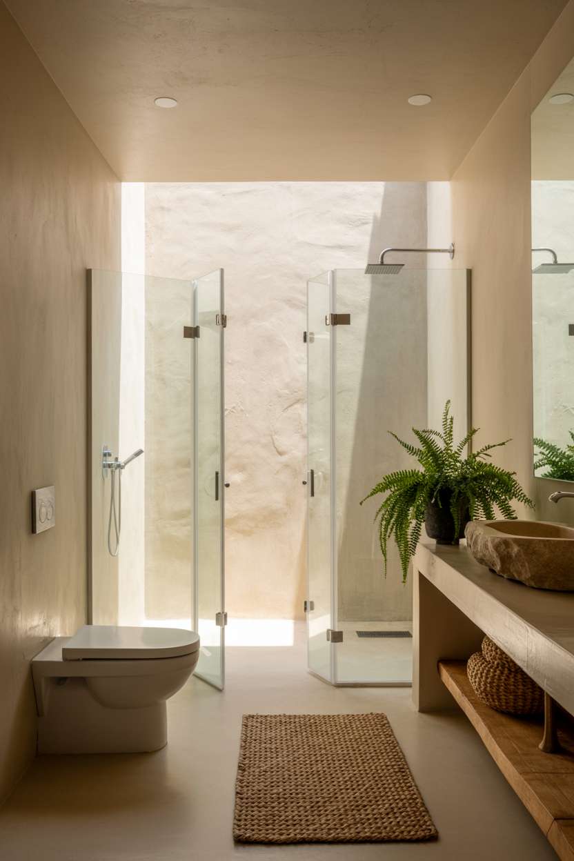 23 Stunning Earthy Bathroom Ideas to Create Natural Calm 20 Modern toilet, walk-in shower with clear glass panels, minimalist stone sink, smooth concrete walls