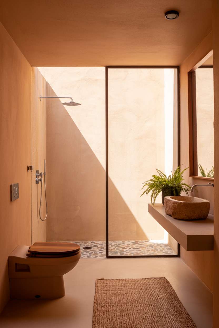 23 Stunning Earthy Bathroom Ideas to Create Natural Calm 21 Modern toilet with wooden seat, glass-enclosed shower with pebble-stone tiling, floating vanity with circular stone sink