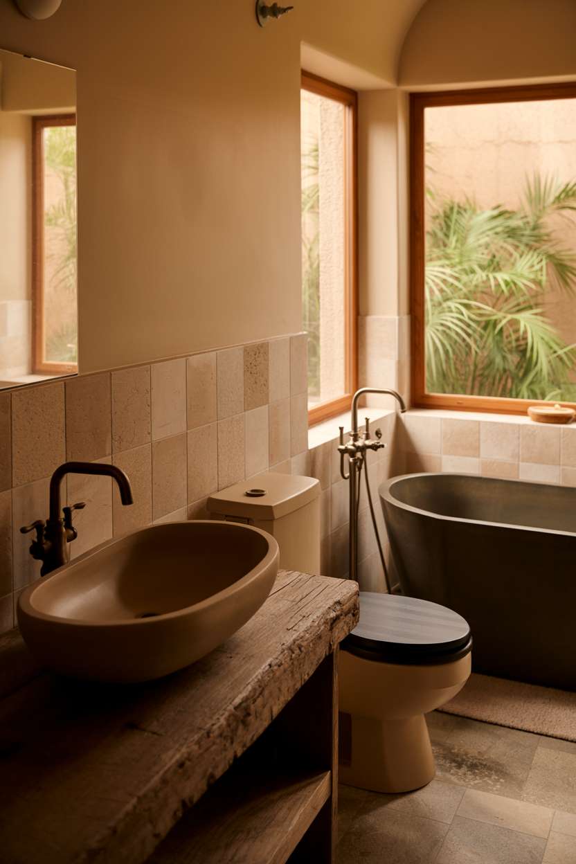 23 Stunning Earthy Bathroom Ideas to Create Natural Calm 22 Matte black oval bathtub near garden window, rounded sink with bronze faucet on reclaimed wood vanity