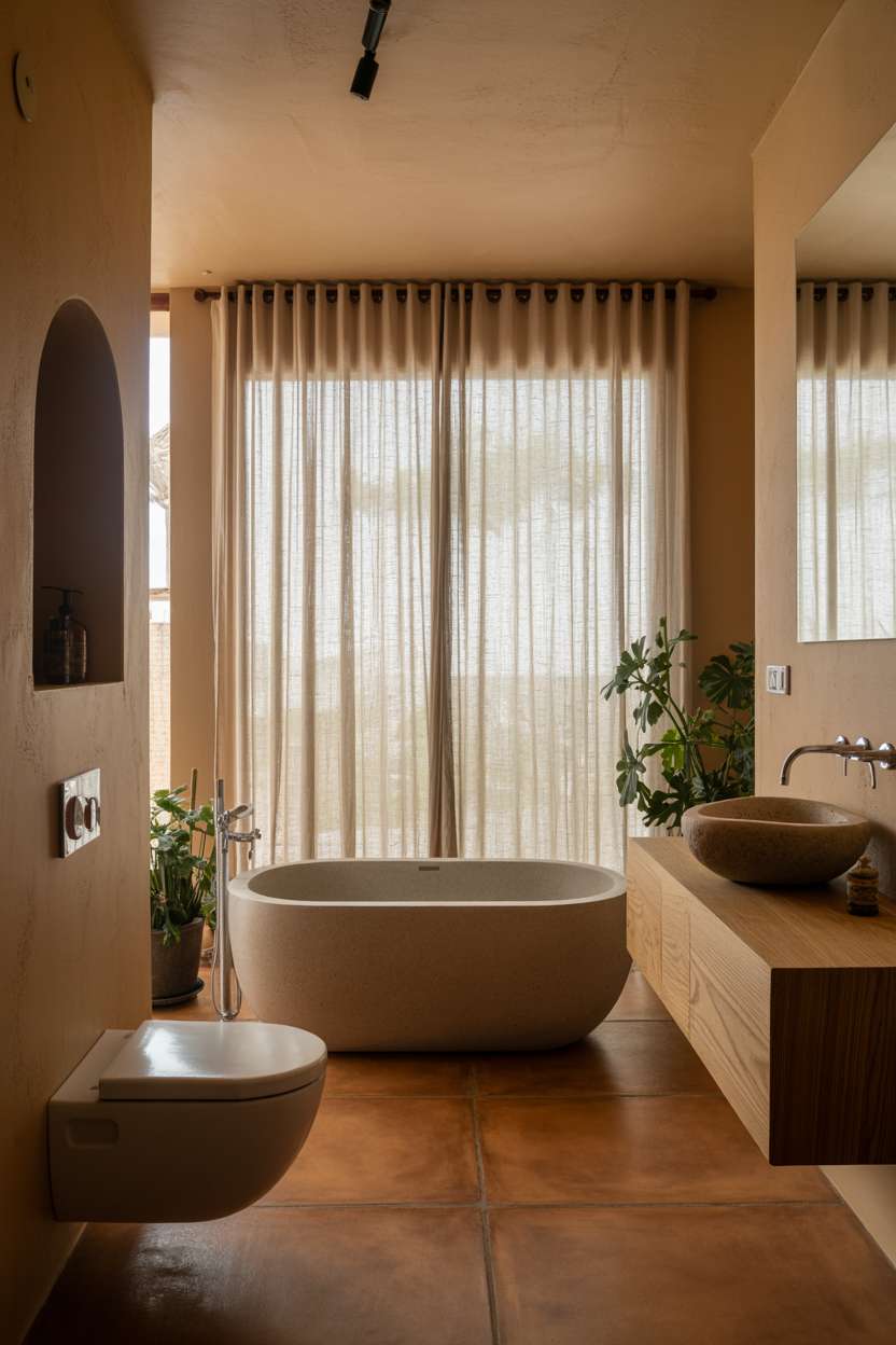 23 Stunning Earthy Bathroom Ideas to Create Natural Calm 23 Light grey concrete freestanding soaking tub, wooden vanity with stone sink, sheer linen curtains, terracotta tile floor