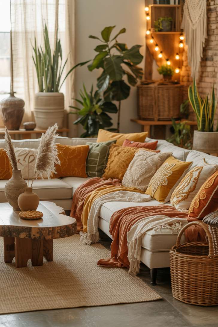 19 Earthy Boho Living Room Ideas for Warm Cozy Home Vibes 1 A cozy boho living room with a low-profile sectional sofa featuring cream and rust throws, jute rug, and live-edge coffee table with pampas grass
