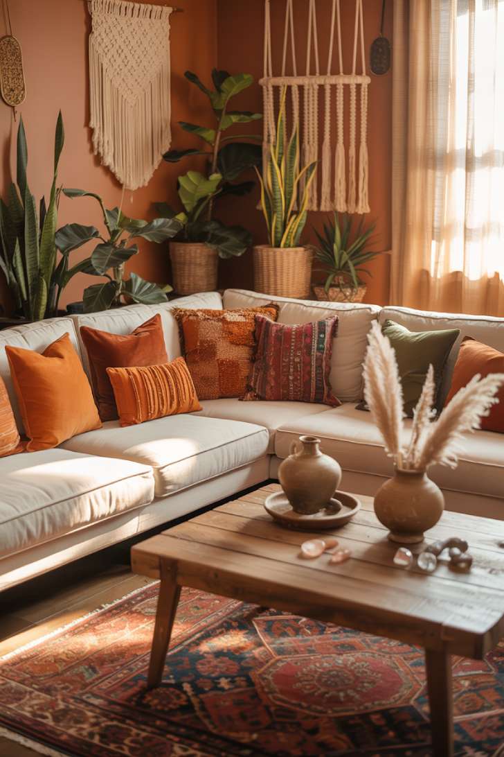19 Earthy Boho Living Room Ideas for Warm Cozy Home Vibes 2 A bohemian living room with terracotta walls, cream sectional sofa, macrame wall hangings, and vintage Persian rug in jewel tones