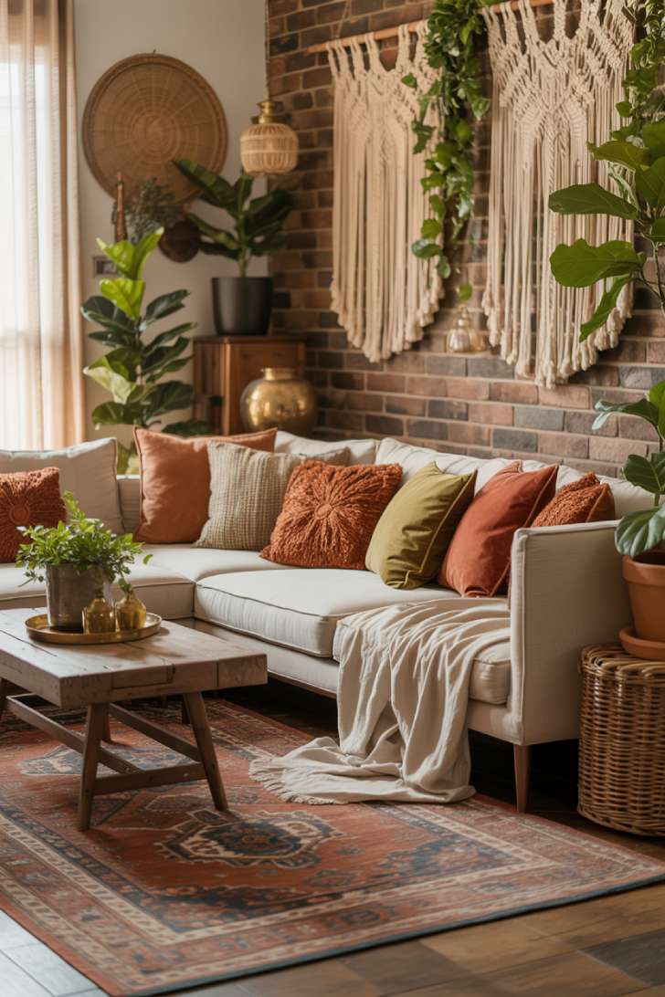 19 Earthy Boho Living Room Ideas for Warm Cozy Home Vibes 3 An earthy boho living room featuring a cream linen sectional, macrame wall hangings on exposed brick, and vintage Persian rug with potted plants