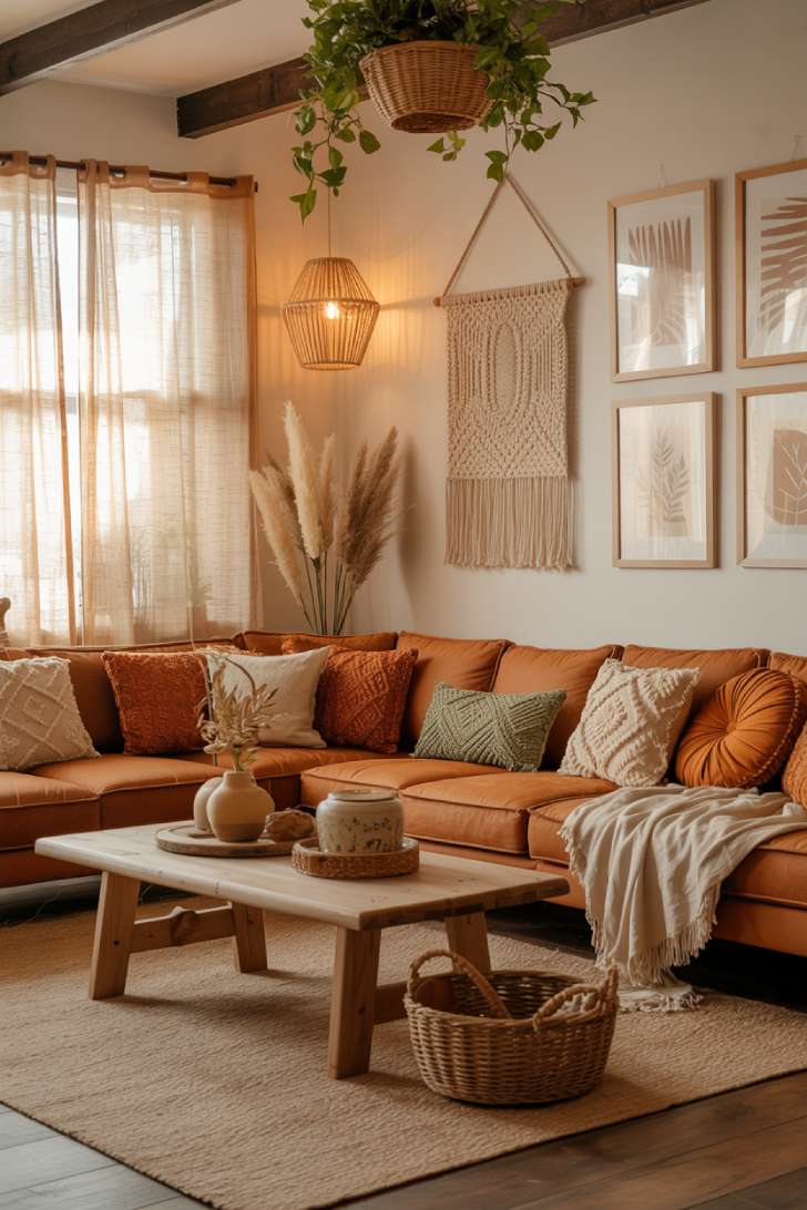 19 Earthy Boho Living Room Ideas for Warm Cozy Home Vibes 4 A cozy boho living room with terracotta sectional sofa, jute area rug, reclaimed wood coffee table, and woven tapestries on walls
