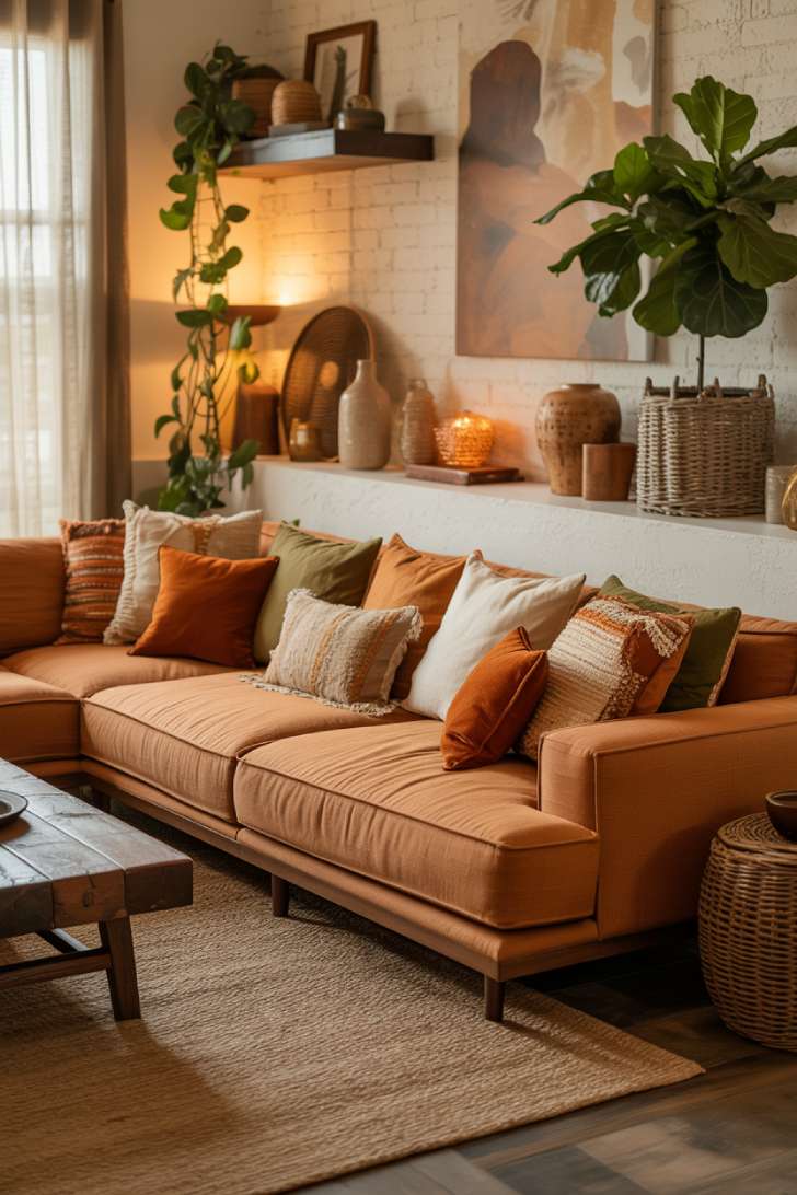 19 Earthy Boho Living Room Ideas for Warm Cozy Home Vibes 6 A boho living room with terracotta sectional, whitewashed brick walls, floating shelves with plants, and jute area rug