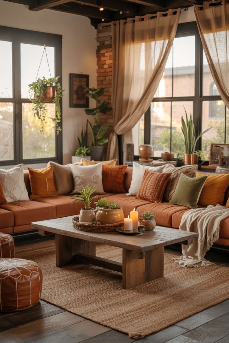 19 Earthy Boho Living Room Ideas for Warm Cozy Home Vibes 7 A warm boho living room featuring terracotta sectional, natural wood beam ceilings, reclaimed coffee table, and flowing linen curtains