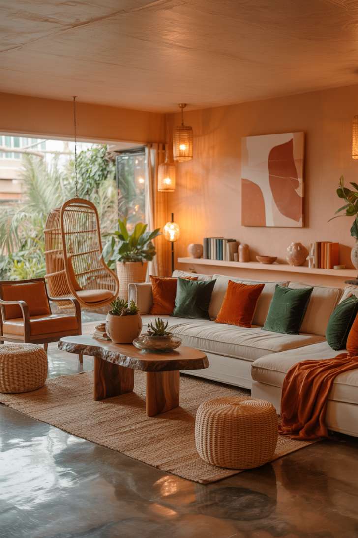 19 Earthy Boho Living Room Ideas for Warm Cozy Home Vibes 8 A spacious boho living room with cream sectional, polished concrete floors, layered jute rugs, and brass pendant lights