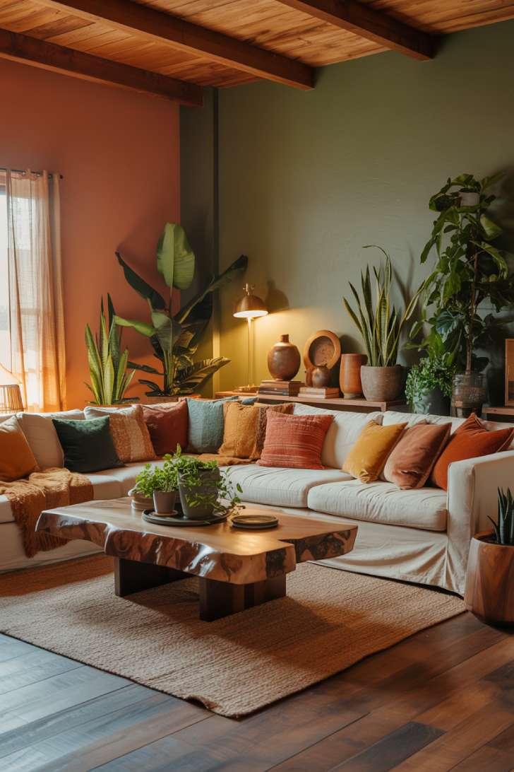 19 Earthy Boho Living Room Ideas for Warm Cozy Home Vibes 9 A boho living room with terracotta and sage walls, wooden ceiling beams, cream sectional, and massive live-edge coffee table