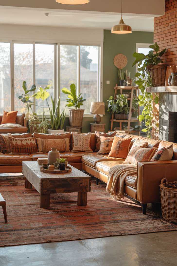 19 Earthy Boho Living Room Ideas for Warm Cozy Home Vibes 10 A spacious boho living room with floor-to-ceiling windows, layered Persian rugs, sectional with throw blankets, and cascading plants