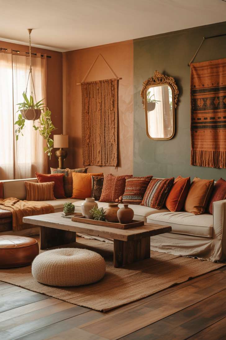 19 Earthy Boho Living Room Ideas for Warm Cozy Home Vibes 11 A boho living room with low-profile cream sectional, terracotta and sage walls, reclaimed wood coffee table, and floor cushions