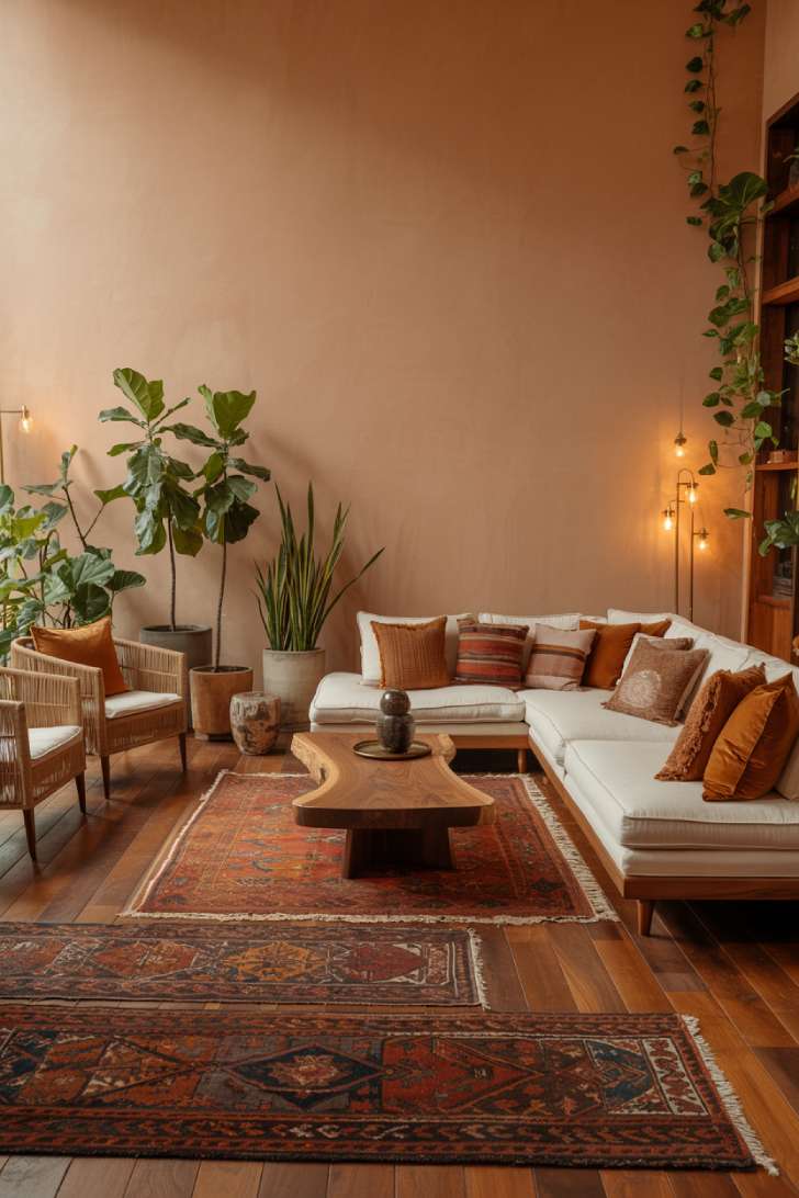 19 Earthy Boho Living Room Ideas for Warm Cozy Home Vibes 12 A bohemian living room with layered vintage Persian rugs, cream sectional, live-edge coffee table, and tall potted plants