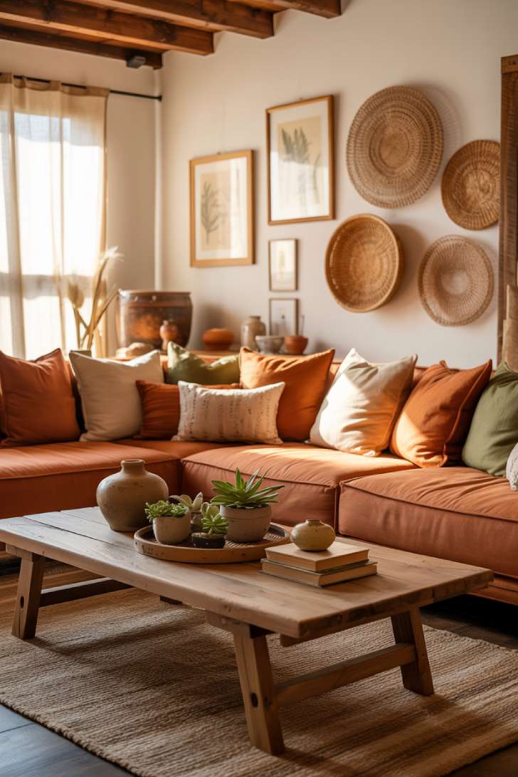 19 Earthy Boho Living Room Ideas for Warm Cozy Home Vibes 15 A warm boho living room with exposed wooden ceiling beams, terracotta sectional, jute rug, and framed botanical prints