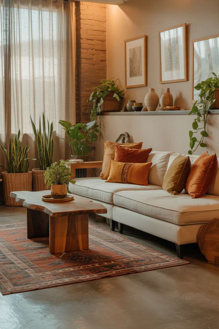 19 Earthy Boho Living Room Ideas for Warm Cozy Home Vibes 17 A boho living room with cream sectional, layered vintage Persian rugs, live-edge coffee table, and exposed brick walls