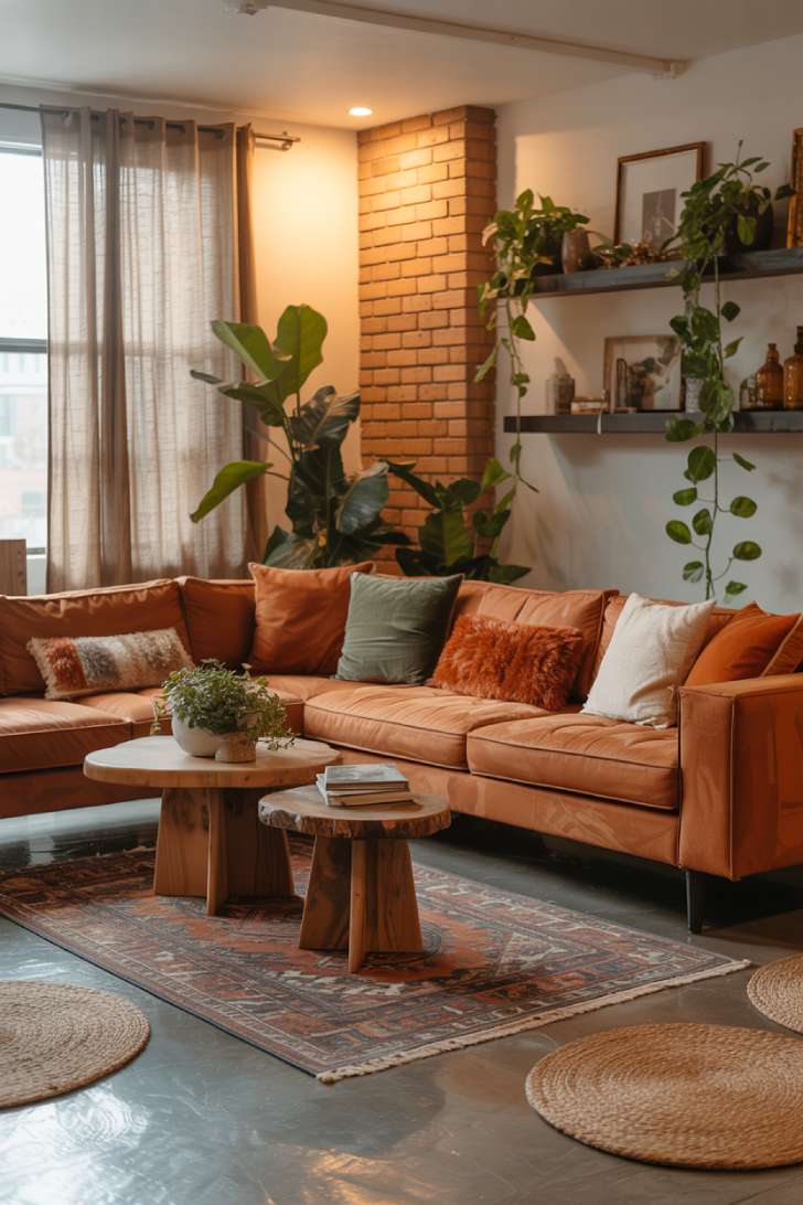 19 Earthy Boho Living Room Ideas for Warm Cozy Home Vibes 18 A warm boho living room with terracotta velvet sectional, vintage Persian rug, and potted plants cascading from floating shelves