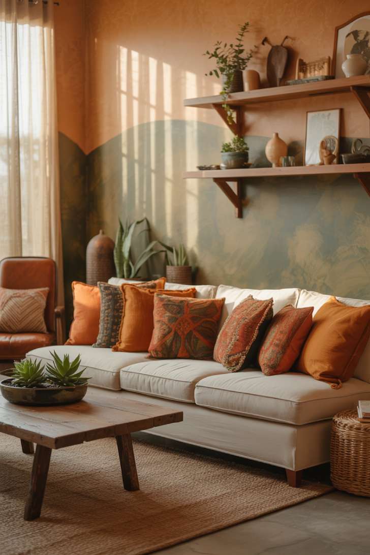 19 Earthy Boho Living Room Ideas for Warm Cozy Home Vibes 19 A boho living room with cream linen sofa, reclaimed wood coffee table, floating shelves with handcrafted pottery, and warm beige walls