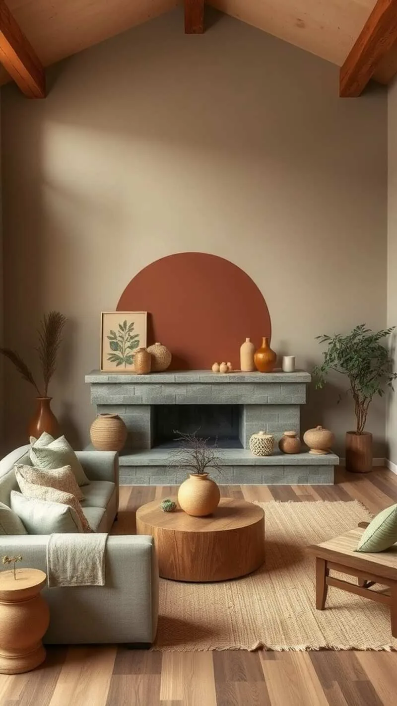 19 Wabi-Sabi Living Room Ideas for a Cozy & Timeless Space 5 Cozy living room with earthy color palette featuring terracotta walls, white sofas, and natural decor elements.