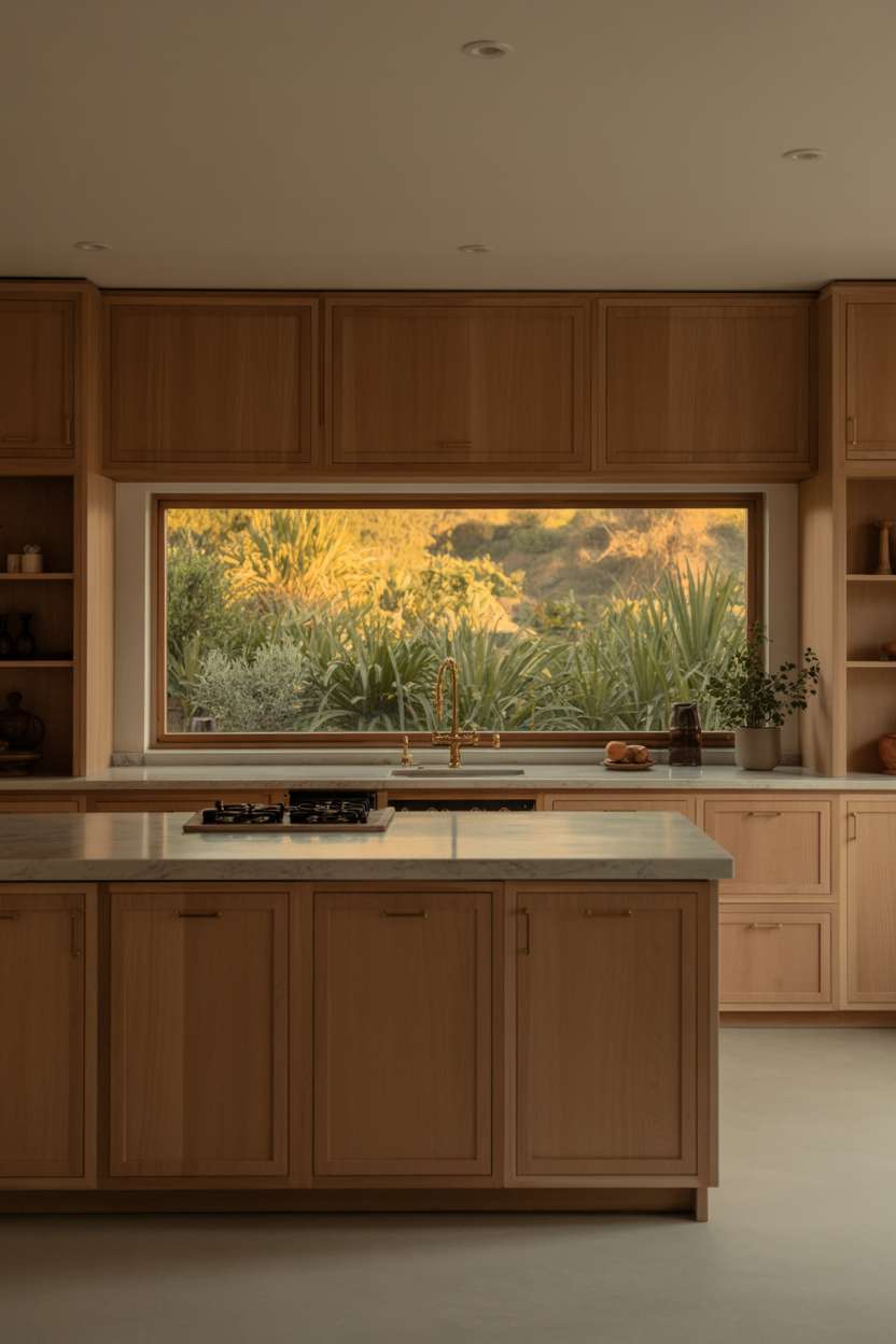 Stylish earthy kitchen with light wood cabinets, marble island, and garden view