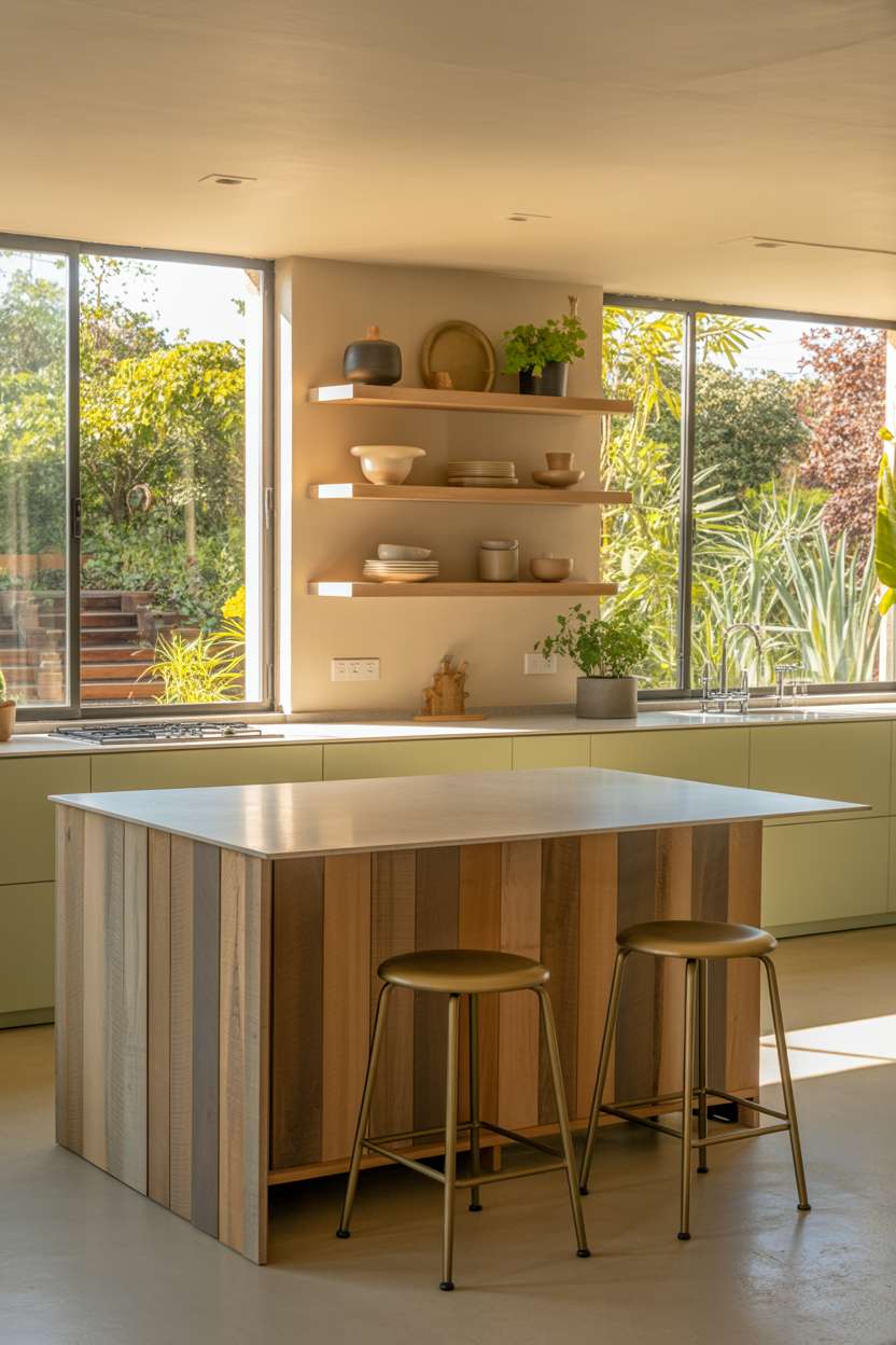Modern earthy kitchen featuring reclaimed wood island and sage green cabinets