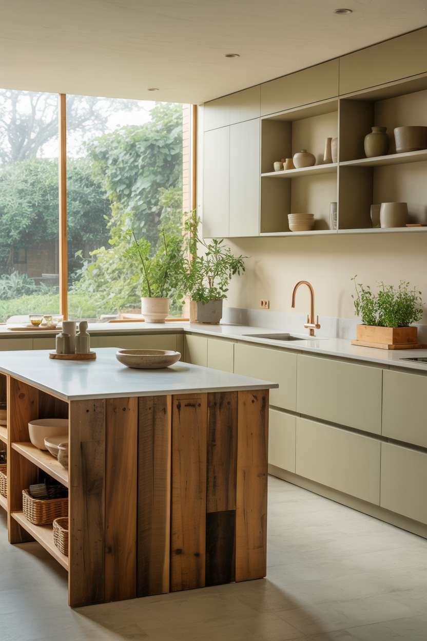 Minimalist earthy kitchen with white quartz countertops and copper accents