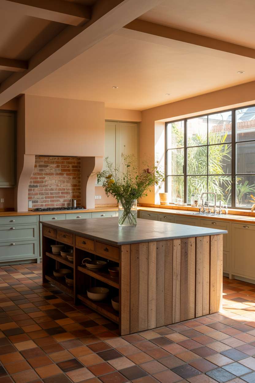 Spacious earthy kitchen with grey marble island and exposed brick backsplash