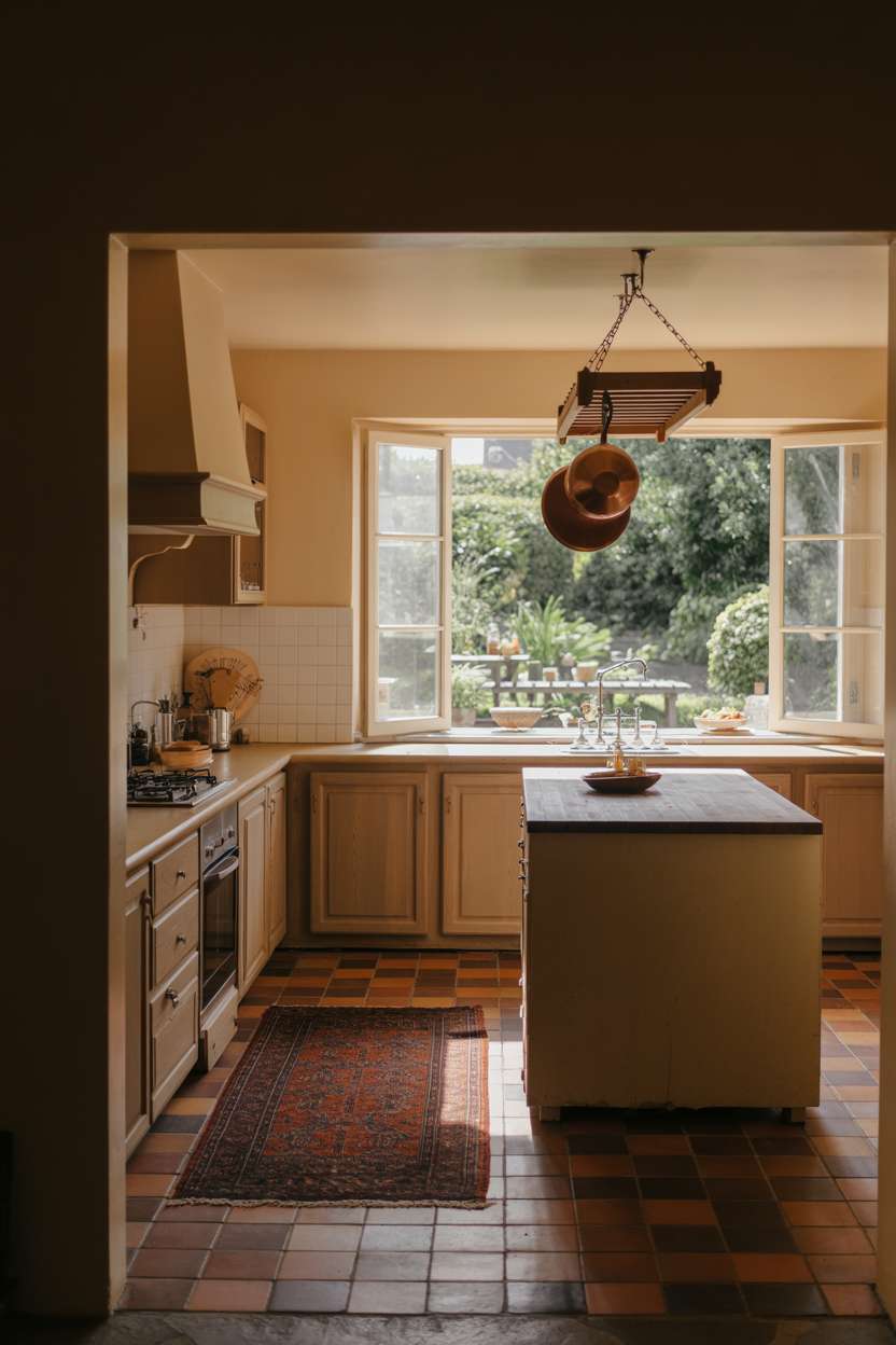 Cozy earthy kitchen with vintage copper pot and Persian rug on terracotta floors