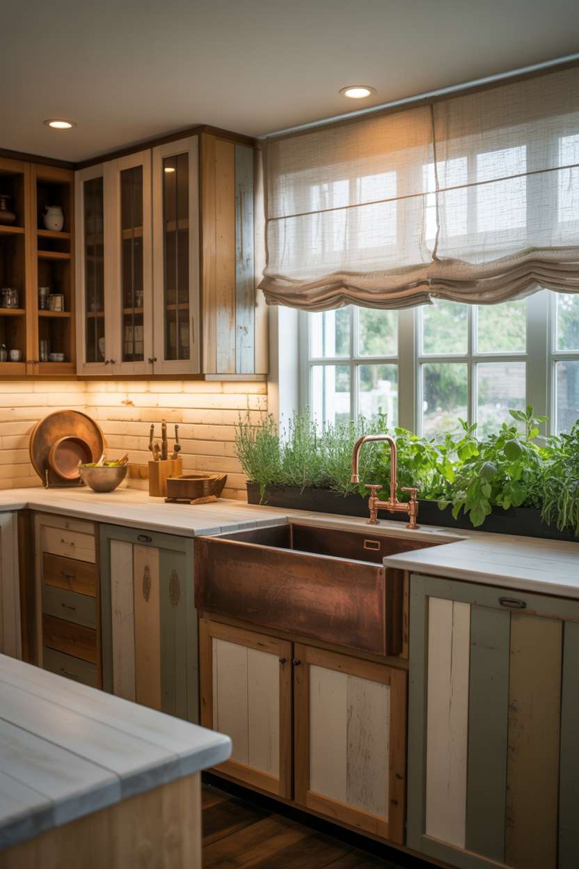 Natural earthy kitchen with reclaimed wood cabinets and copper farmhouse sink