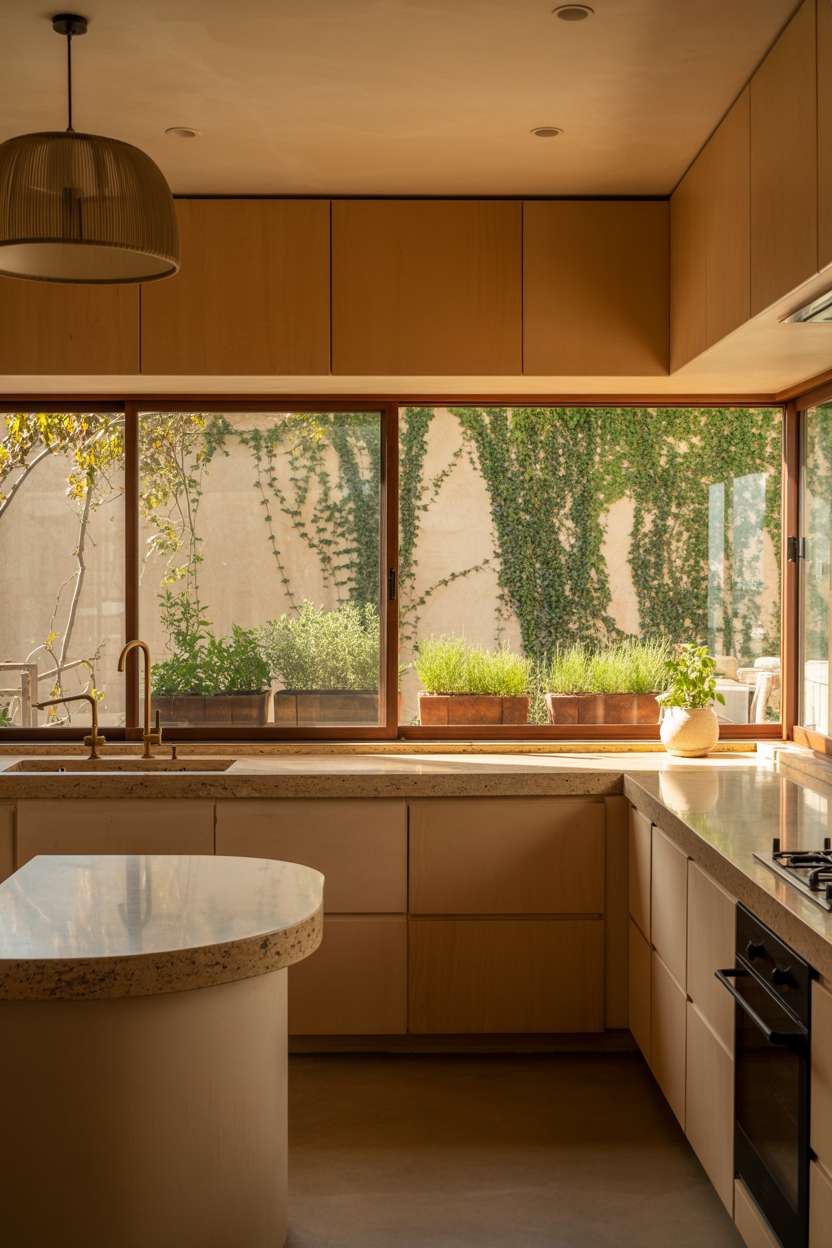 Modern earthy kitchen with honed granite countertops and ivy garden view