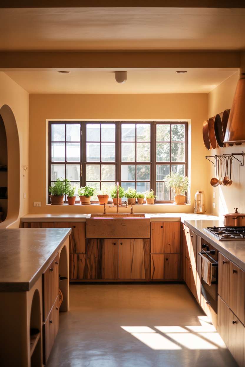Spacious earthy kitchen with polished concrete countertops and copper cookware display