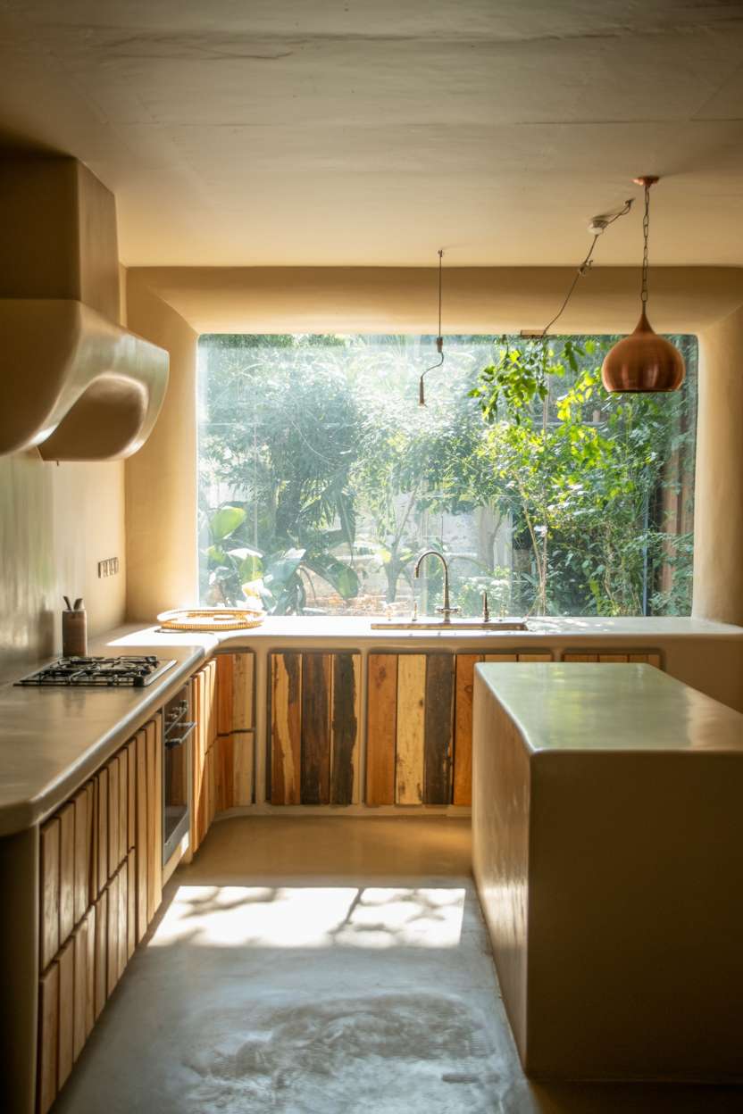 Bright airy earthy kitchen with reclaimed wood cabinets and dappled sunlight