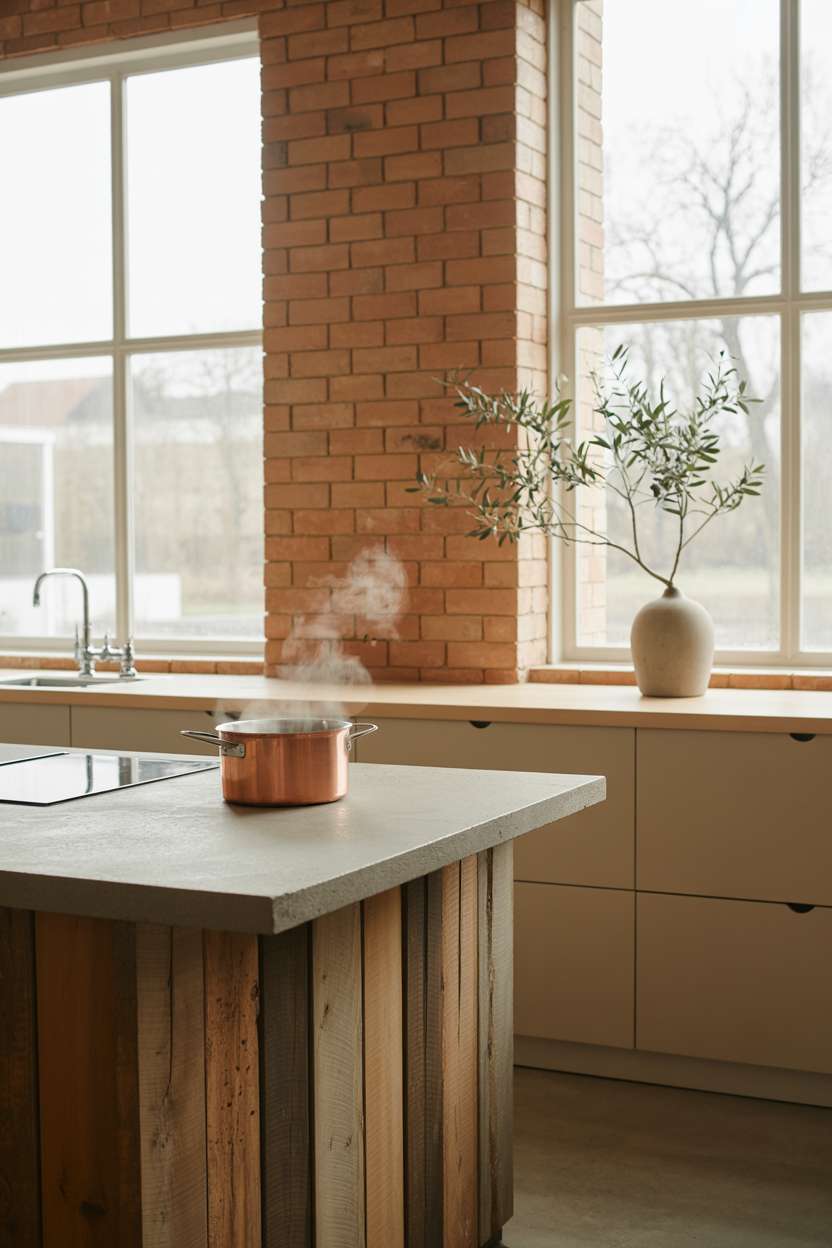Modern earthy kitchen with concrete countertops and steaming copper pot