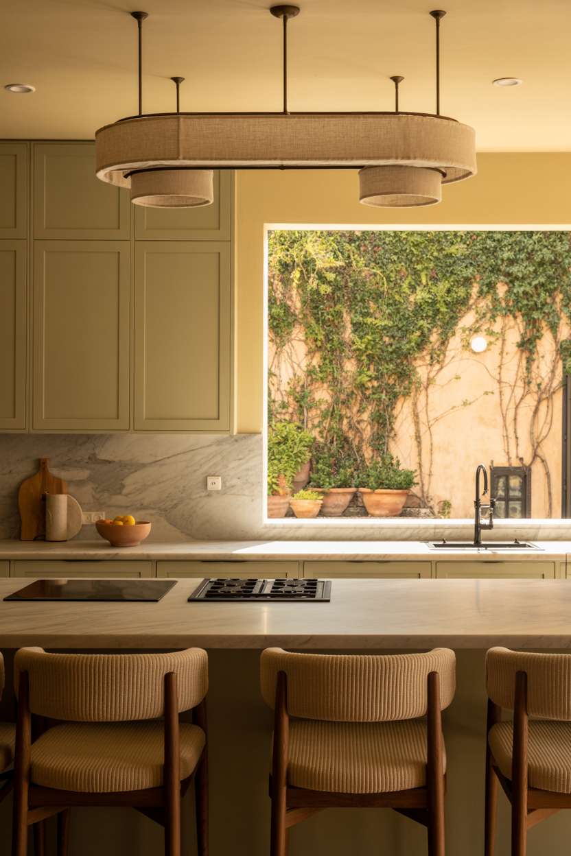 Modern earthy kitchen with sage green cabinets and woven linen pendant lights