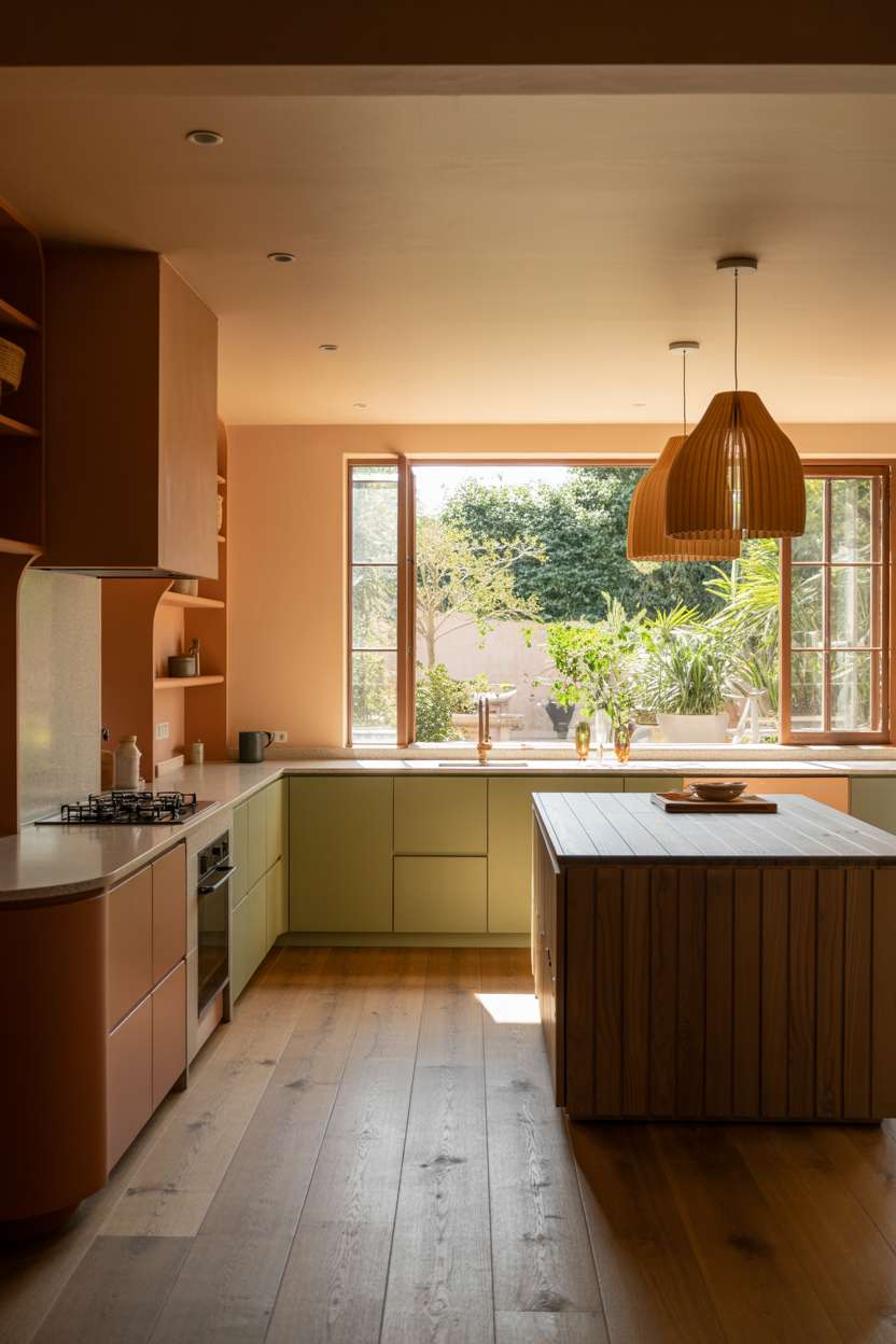 Modern earthy kitchen with terracotta and olive green cabinetry and distressed oak flooring