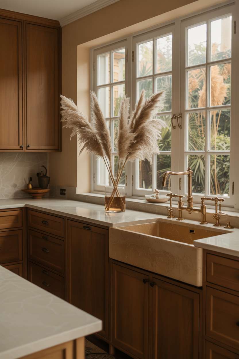Stylish earthy kitchen with dark wood cabinets and light beige marble countertops