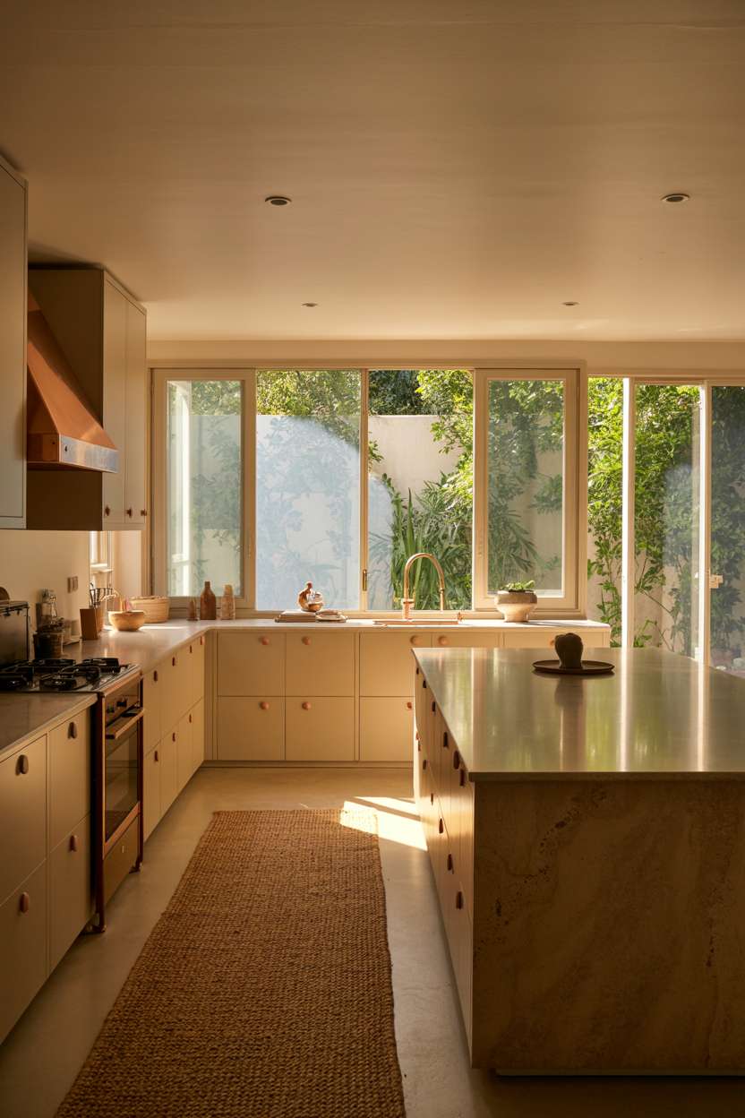Spacious earthy kitchen with quartzite countertops and woven jute rug