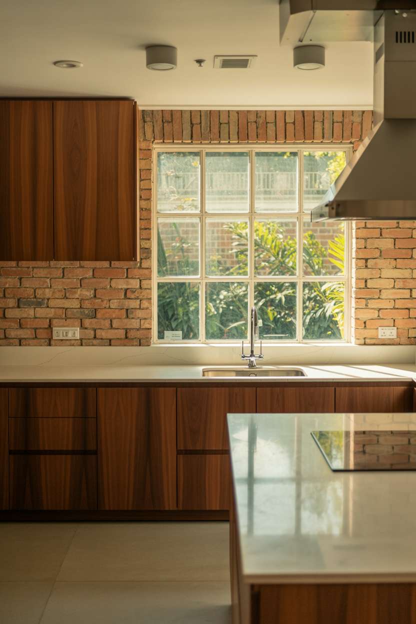 Modern earthy kitchen with walnut cabinets and white quartz countertops