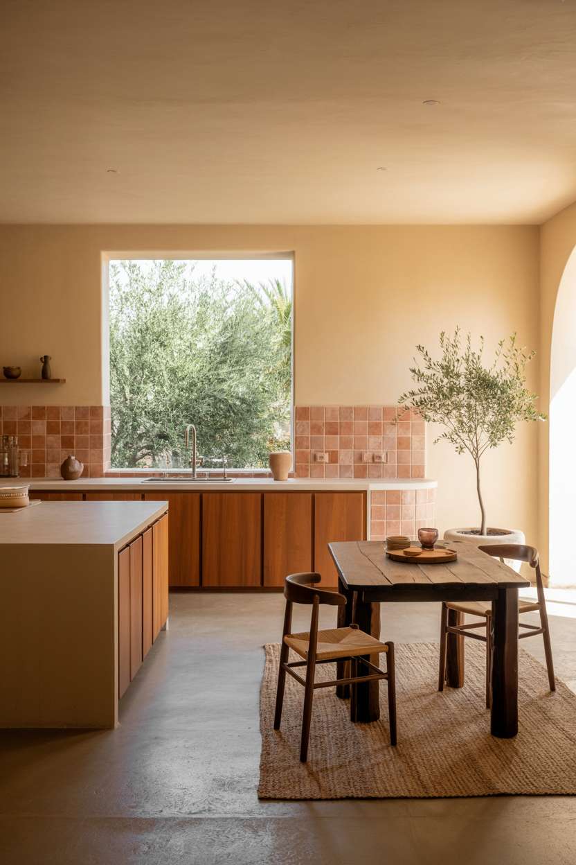 Spacious earthy kitchen with wooden cabinetry and potted olive tree accent