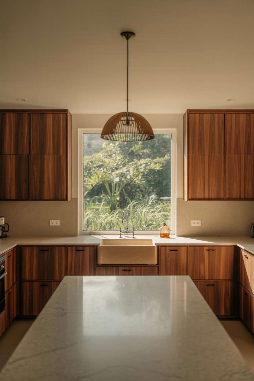 Spacious earthy kitchen with walnut fronts and farmhouse sink overlooking garden