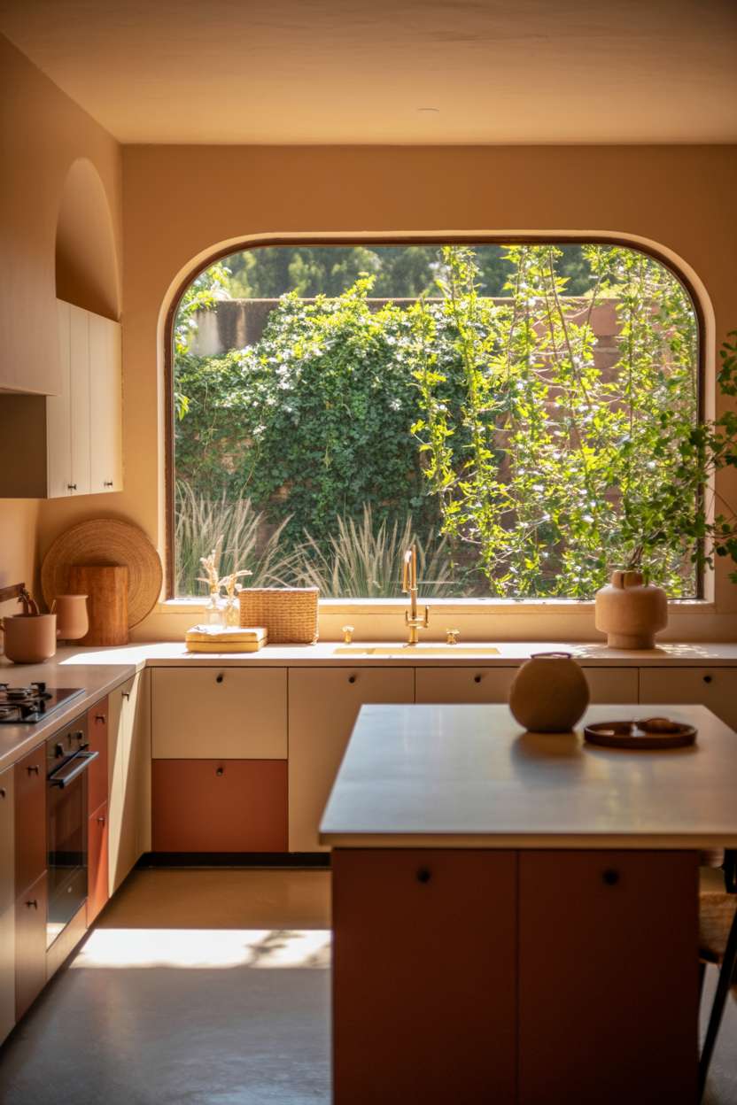 Spacious earthy kitchen with beige and terracotta tones and arched garden window