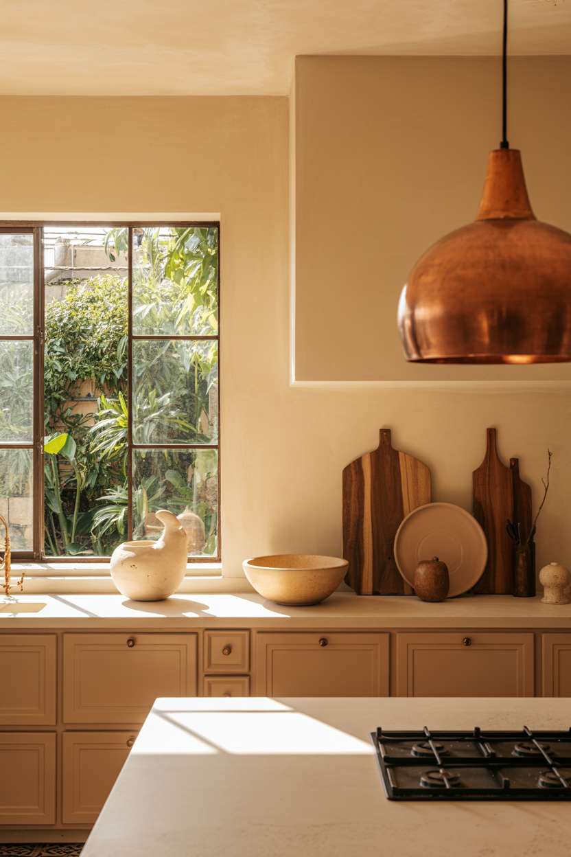 Spacious earthy kitchen with copper pendant light and handcrafted ceramic bowls