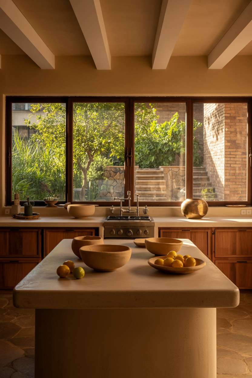Wide view earthy kitchen with thick brown countertops and stone patio garden view