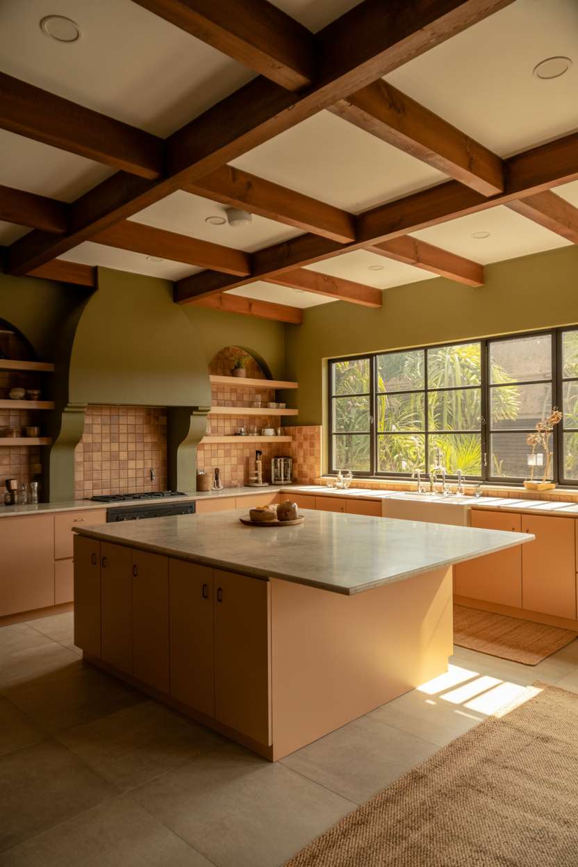 Spacious earthy kitchen with terracotta cabinetry and exposed wooden ceiling beams